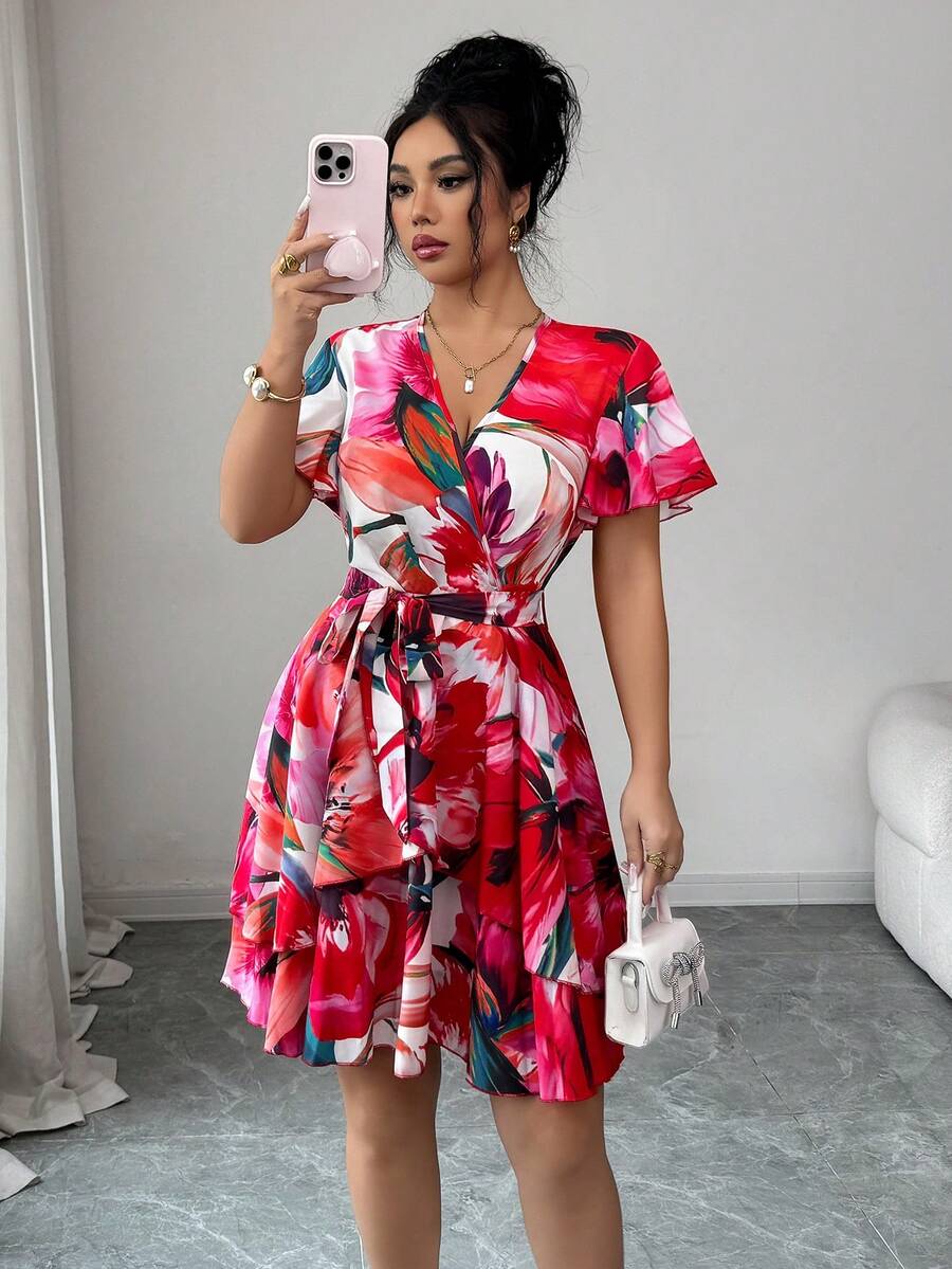 Elenzga White Floral Summer Boho Holiday Vacation Holiday V-Neck Ruffle Flare Sleeve Criss-Cross Bow Tie Multi-Layer Cake Skirt A-Line Puff Mini Dress - Multicolor - View 1