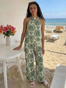 SHEIN Teen Girls T-Shirt Co-Ords 2pcs Vacation Basic Halter Blouse + Wide-Leg 3/4 Pants Floral Woven Set - Green - View 4