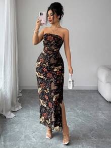 Rafferiza 女士优雅褶皱扎染网纱印花收腰无肩带派对开衩连衣裙 - 黑色 - 查看 7