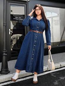 SHEIN ICON Plus Size Denim Sundress, Fashionable Suitable For Summer Fall Cloth For Women - Medium Wash - View 5