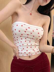 DAZY Áo quây bandeau nữ dáng ôm crop top, in hình trái tim trắng, phong cách thời trang xuân hè, gợi cảm cho lễ hội âm nhạc, Valentine, đi biển và du lịch thường ngày - Màu be - Xem 2