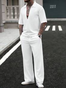 Manfinity CasualCool 男士休闲纯色华夫格V领Polo衫和长裤套装，夏季白色两件套男装，男士白色套装，欧洲夏季男士套装，男士两件套正装长裤西部街头风男士套装，男士全白套装，男士白色套装，男士两件套正装长裤，复古风格，日常休闲，周末旅行，户外活动，探险旅行，男友/老公礼物，周年纪念/生日礼物，派对，夏季假期，婚礼，春夏过渡 - 白色 - 查看 6