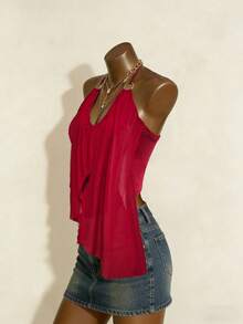 INAWLY Sexy Halter Neck Top With Metal Ring & Ruffled Trim For Women - Red - View 1
