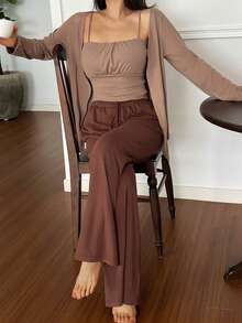 DAZY 3pcs Set Minimalist Knit Cardigan, Pleated Camisole, Loose Pants Women Pajama Set - Coffee Brown - View 5