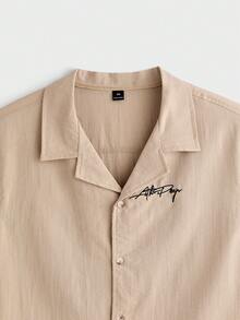 EASEVO 男士加大码字母印花宽松休闲短袖衬衫 - 卡其色 - 查看 5