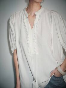 Lumivelle Women's Casual Fringe Ribbon Decor Lantern Sleeve Loose Blouse, Spring/Summer - White - View 6