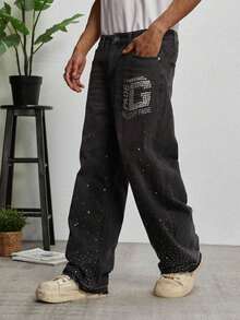 GALLERY FADE Men's Hiphop Street Fashion Rhinestone Embellished Luxury Washed Gray Straight Leg Wide Jeans - Dark Grey - View 6