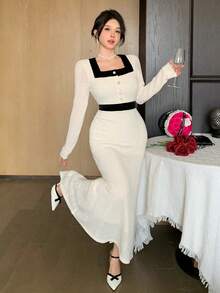 DAZY Elegant,Black And White,Office,Autumn Textured Lace Dress,Metal Buckle Decor Fitted Waist Long Sleeve Midi Dress For Women,Formal Wedding Party Wear - Beige - View 3