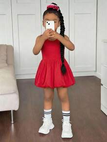 SHEIN 小女孩可爱夏季粉色针织拼接镂空无袖连衣裙，母女装（2套单独出售） - 紅色 - 查看 2