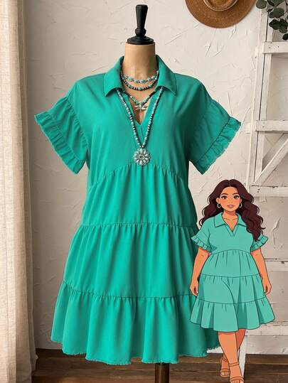 Rusticease Plus Size Solid Color Ruffle Hem Casual Short Sleeve Dress For Summer/ Vacation Summer Dress  Summer Outfits Summer Clothes Spring Dress Spring Outfit Women Spring Clothing Country Style For Women Country Dress For Women Green Dress Green Dresses For Women