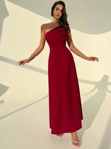 SHEIN LUNE Women's Floral Decor Waist Fit & Flare Dress - Burgundy - View 5