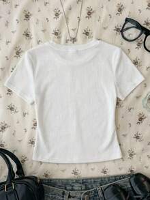 SHEIN Áo thun ngắn tay màu trắng dáng suông, dễ phối đồ, dành cho nữ tuổi teen, có phần eo nhún bèo. - trắng - Xem 2