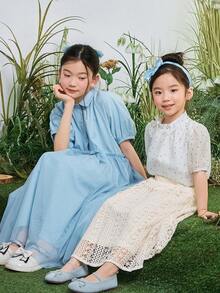 DAZY Young Girl Elastic Waist Lace Embroidered A-Line Skirt - Apricot - View 7