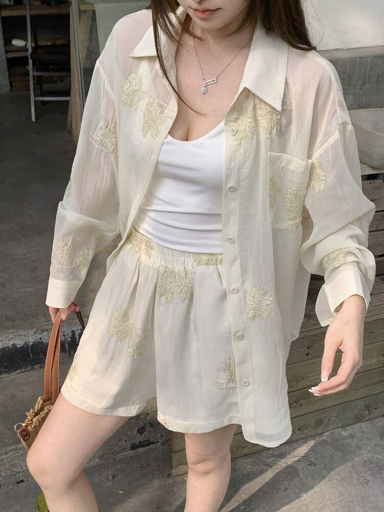 Women's Pocket Design Drop Shoulder Single-Breasted Shirt And Shorts Casual 2 Pieces Set