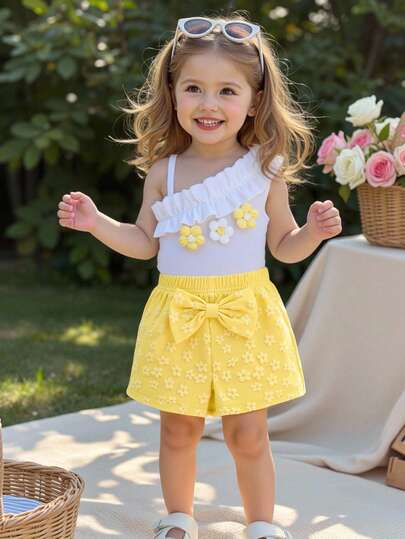 Baby Girls' Cute Fashion Asymmetrical Shoulder Floral Decor Top Paired With Yellow Bow Comfortable Summer/Autumn Shorts T-Shirt Set Toddler Girl Yellow Summer Outfit Toddler Girls Summer Sets With Ruffles 2pcs Set Toddler Girls Cute Vintage Style Toddler Yellow Flower Dress