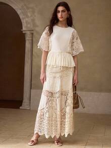 MOTF PREMIUM FASHIONABLE EXQUISITE DESIGN EMBROIDERED LACE BATWING SLEEVE ROUND NECK SHORT SLEEVE WOMEN TOP T-SHIRT - Apricot - View 3