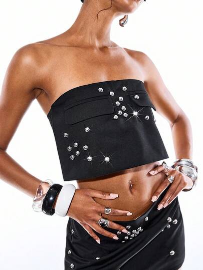 LYSMO 女士Y2K风格水钻装饰露脐吊带背心