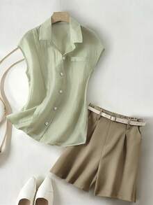 Franclia 新款休闲时尚百搭无袖衬衫短裤两件套 - 彩色 - 查看 1