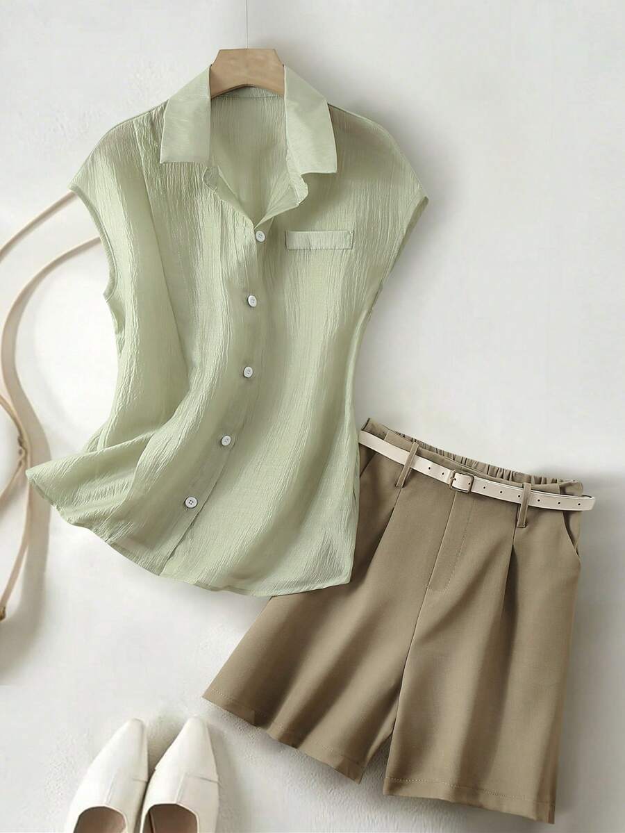 Franclia 新款休闲时尚百搭无袖衬衫短裤两件套 - 彩色 - 查看 1