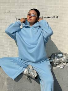 Muchica Plus Size Solid Color Letter Embroidery Hoodie And Wide Leg Pants Casual 2 Pieces Set - Baby Blue - View 6