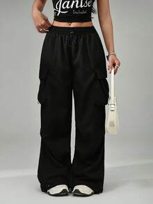 SHEIN PETITE Black Flap Pocket Side Drawstring Waist Parachute Cargo Pants - Black - View 4