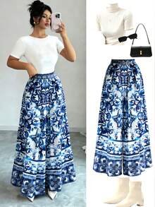 Elenzga 新款女士梭织印花优雅度假风直筒裤 - 彩色 - 查看 1