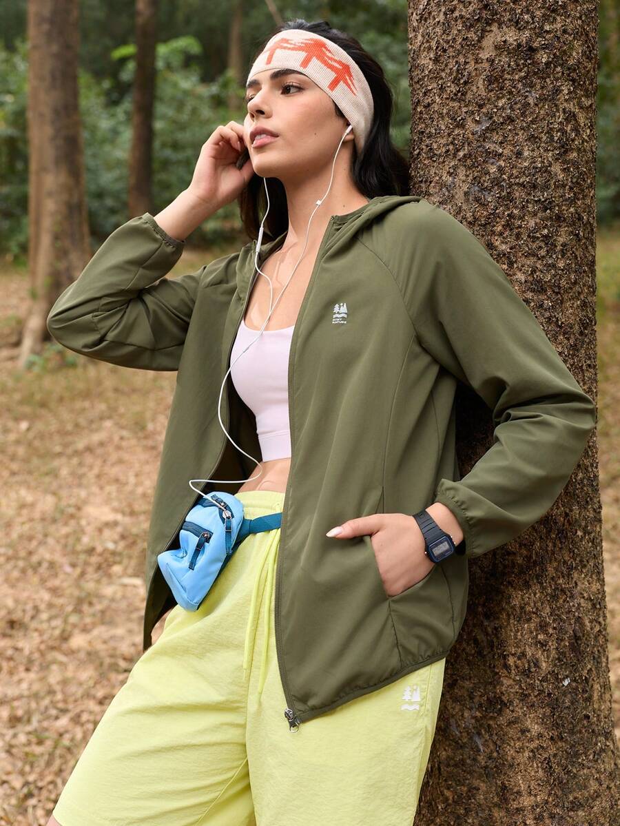 In My Nature Women's Hooded Zipper Pocket Casual Versatile Daily Outdoor Regular Long Sleeve Jacket - Army Green - View 1