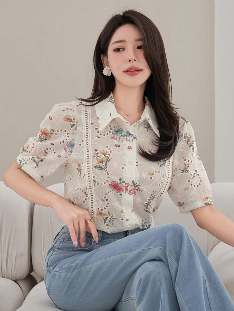 Floral & Plant Print Hollow Textured Fabric Collared Princess Sleeve Elegant Summer Blouse For Women