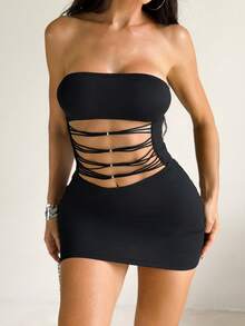 Sirith Women's Fashionable Sexy Hollow-Out Backless Bandeau Mini Dress, Spring/Summer Bustier Dress Strapless Black Dress Sexy Club Dress - Black - View 1
