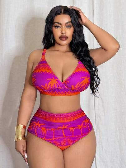 Slaydiva 2026 New Plus Size Swimwear Set, Coconut Tree Print Patchwork, Adjustable Shoulder Strap, High Waist Swim Shorts, Sexy Beach Vacation Swimwear