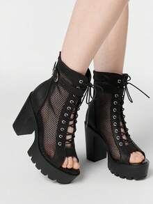 ROMWE Women Heeled Sandals~ 2026 New Fashion Spring And Summer High Heel Thick Heel Peep Toe Cool Boots Hollow Mesh Ankle Boots Buckle Front Lace-Up Jazz Dance High Heels Women's Sandals - Black - View 5