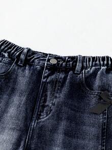 SHEIN ChillGRL Tween Girls Vintage Distressed Flare Jeans, Casual Versatile Black Denim Pants With 3D Bow Decor, Suitable For All Seasons - Dark Wash - View 3