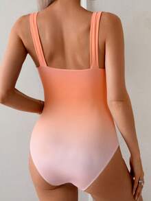 Swim Lushoire 女士优雅显瘦渐变褶皱连体泳衣，宽肩带 - 珊瑚粉 - 查看 2