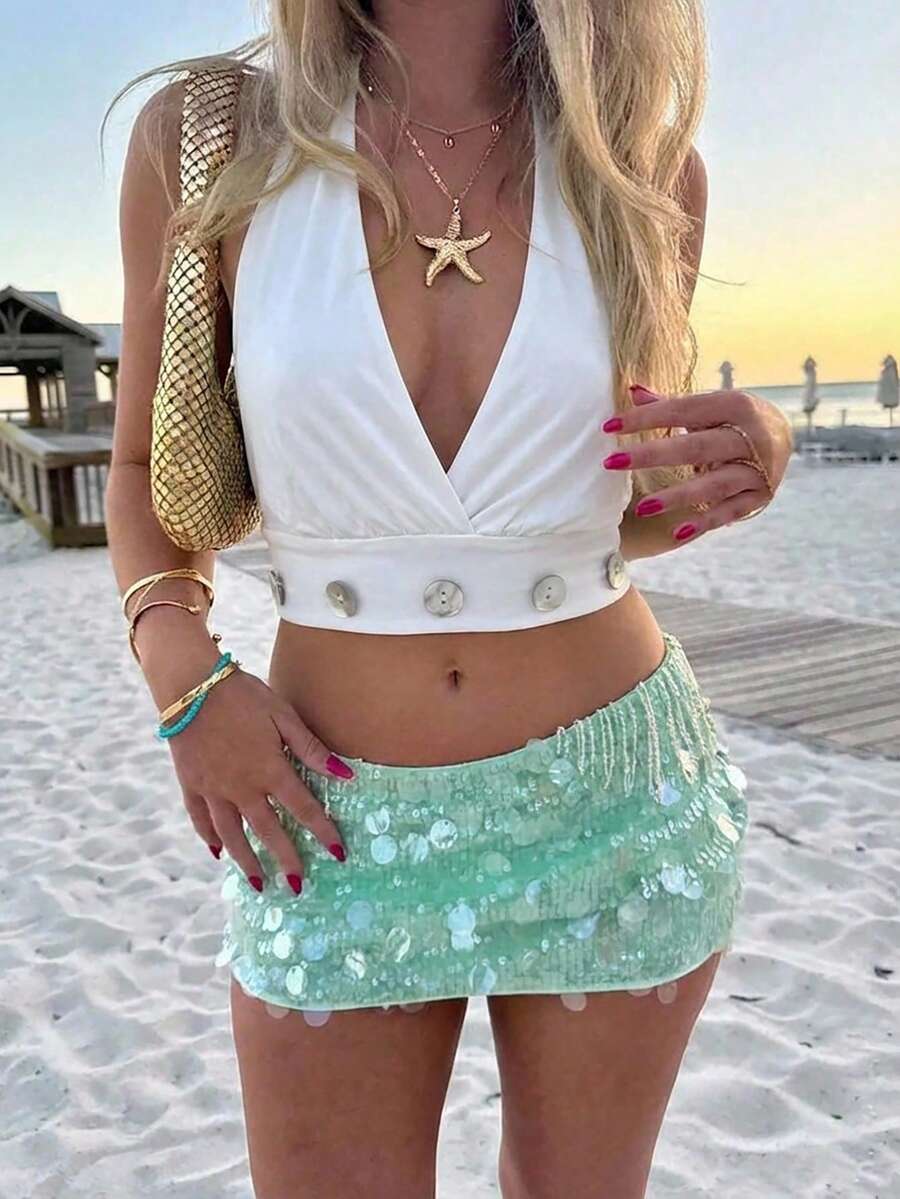 Aloruh Camiseta de tirantes blanca con cuello en V profundo, espalda descubierta y botones, para uso diario y vacaciones - Blanco - Ver 1