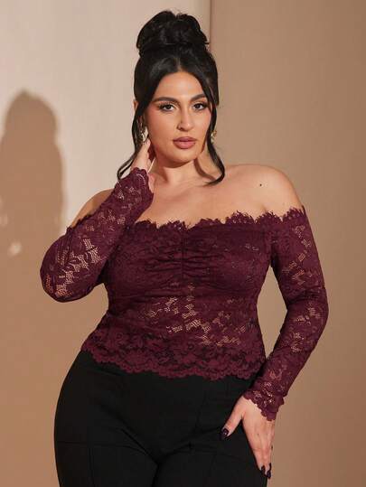 SHEIN BAE Blusa de encaje de manga larga y hombros descubiertos de color madera de rosa para mujer de talla grande