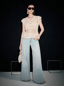 SHEIN Luminelle 女士法式V领无袖叠层提花网眼针织开衫 - 杏色 - 查看 4