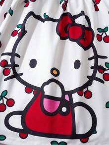 HELLO KITTY AND FRIENDS | SHEIN 年轻女孩夏季休闲度假卡通樱桃字母图案撞色包边连衣裙 - 紅白色 - 查看 8
