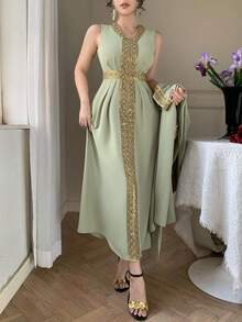 DAZY Women's Elegant Contrast Color Sequin Patchwork Robe & Robe Two Pieces Set, Spring/Summer - Green - View 6