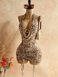 Soleia Women's Vacation Beach Leopard Print Backless Halter Mini Dress,Summer Dress,Vacation Dress,Summer Dresses For Women - Multicolor - View 10
