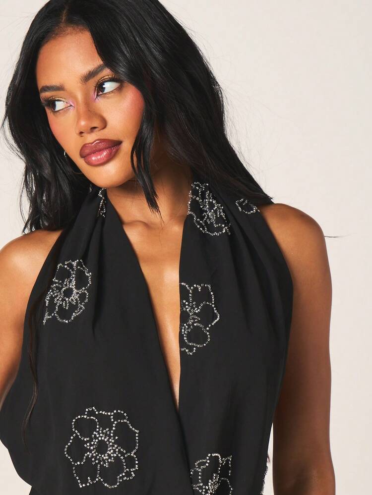 MISSGUIDED Women Halter Neck Top And Mini Skirt Sequin Floral Co Ord Set Two Piece Outfit Backless Party Club Evening Wear