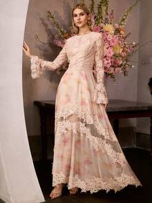 MOTF Soiréza Đầm maxi dài tay chuông cổ tròn thanh lịch – Chất liệu chiffon với phần thân trên phối ren và phần ren xuyên thấu độc đáo, kiểu dáng ôm sát | Lý tưởng cho các buổi tiệc, dạ hội, đêm giao thừa và các sự kiện trang trọng, trang phục mùa xuân, đầm mùa hè. - Màu be - Xem 7