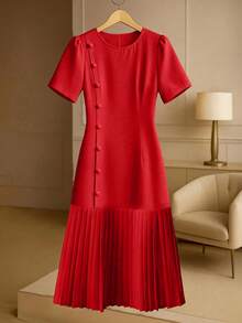 GlowEve CURVE Plus Size Women's Solid Color Round Neck Short Sleeve Button Design Pleated Hem Elegant Dress - Red - View 1