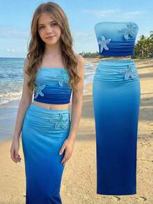 SHEIN Tween Girl Light Blue Mermaid Tie Dye Gradient Starfish Deco Tank Top And Mid Skirt 2pcs Set,Summer Holiday Vacation Outfit For Beach Music Festival - Blue - View 15