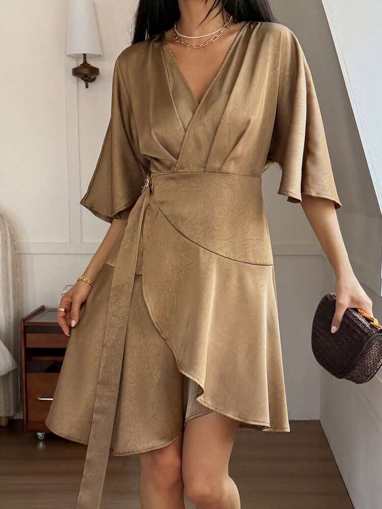 Solid Color Loose Waist Tie Oblique Collar Flare Sleeve Asymmetrical Ruffle Hem Elegant Summer Vacation Mini Dress For Women
