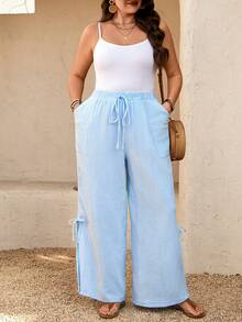 Breezaya Plus Size Women Elastic Waist Loose Straight Leg Long Pants - Baby Blue - View 8