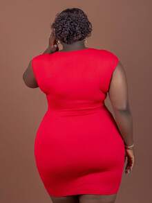 CurvyTilda Plus Size Elegant & Party & Dating Form-Fitting Solid Pink Dress With Chest Twist, Ruched Waist And Tie Belt Details, Mini Length, Spring/Summer, For Hourglass Body Shape - Red - View 6