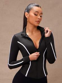 Lumalex 撞色饰边立领修身运动夹克 - 黑色 - 查看 1