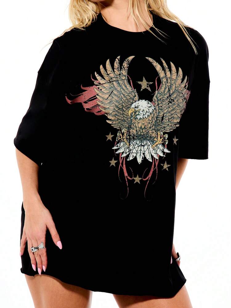 SUMWON WOMEN Women's Black Oversized Eagle Graphic T-Shirt With Stars And Flames Print Distressed Boxy Fit Short Sleeve Casual Street Style