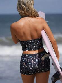 Swim SPRTY Women's Black Floral Daisy Pattern Casual Vacation Swimsuit, Two Pieces Swimwear, Surfing Swimsuit, Simple Vest Spaghetti Strap Bikini - Black - View 2