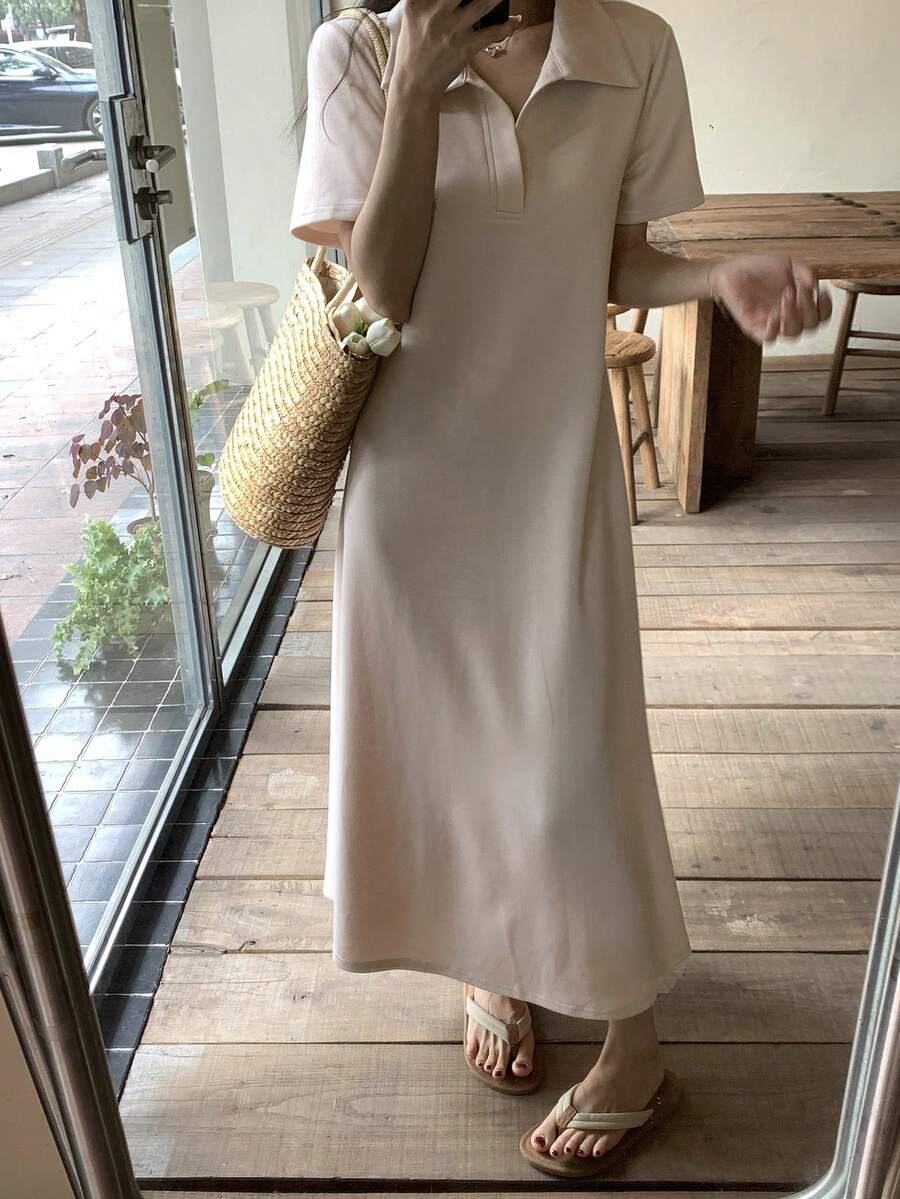 DAZY Đầm maxi nữ màu trơn cổ ve áo tay ngắn kiểu dáng thường ngày, thích hợp đi làm. - Màu be - Xem 1